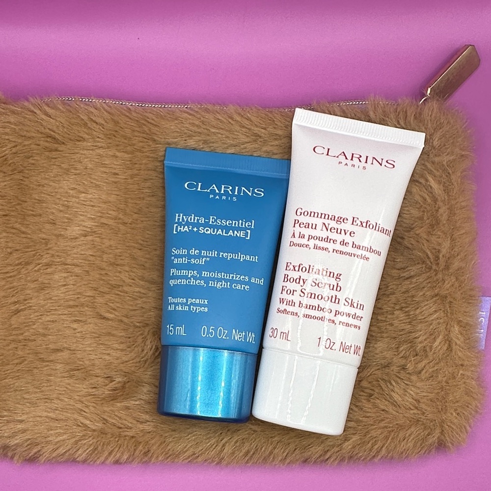 Clarins White & Blue Skincare Tubes with Brown Faux Fur Pouch